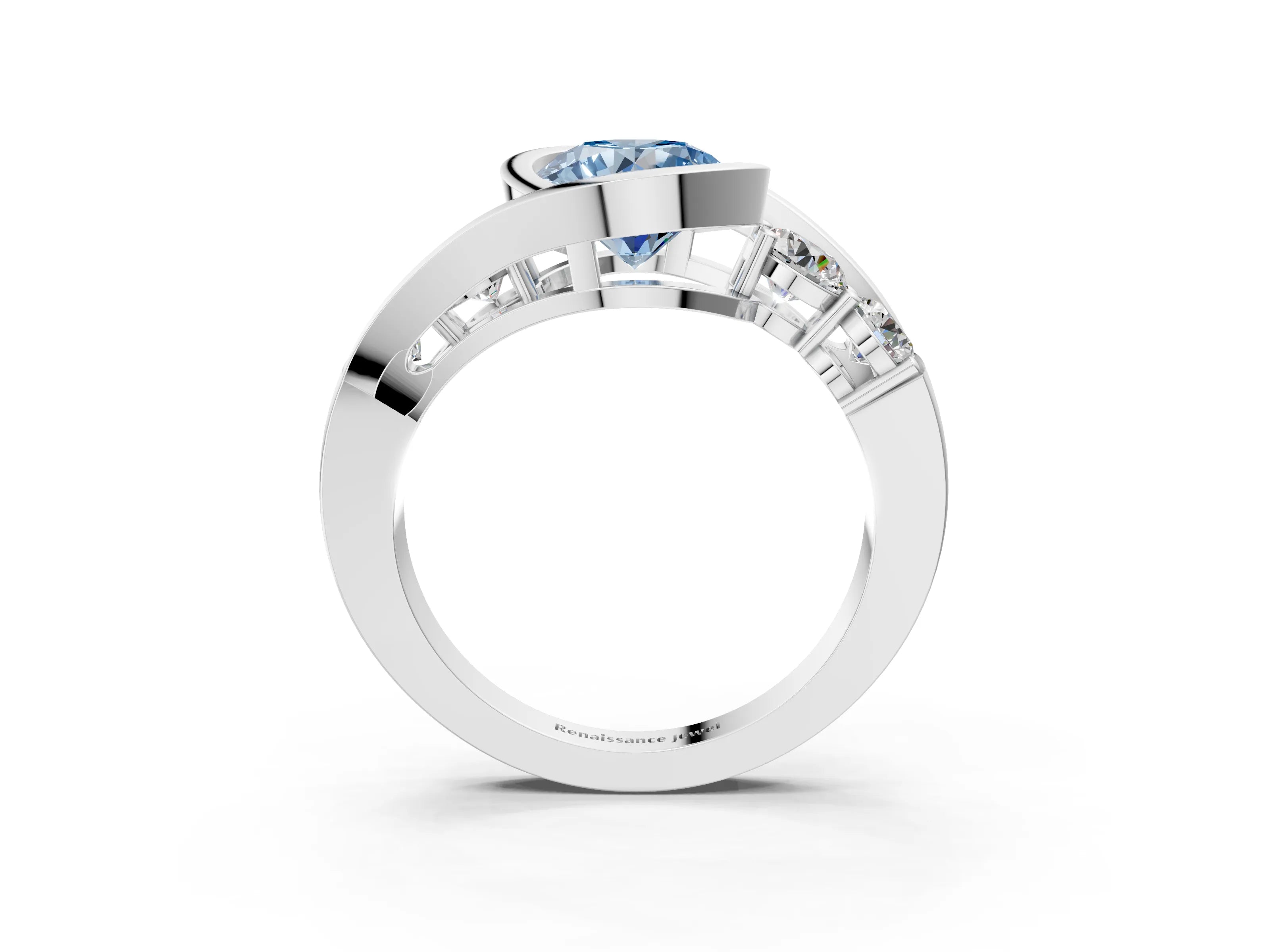 White gold Bezel Set Fancy Blue Round Cut Diamond Split Shank Ring_3