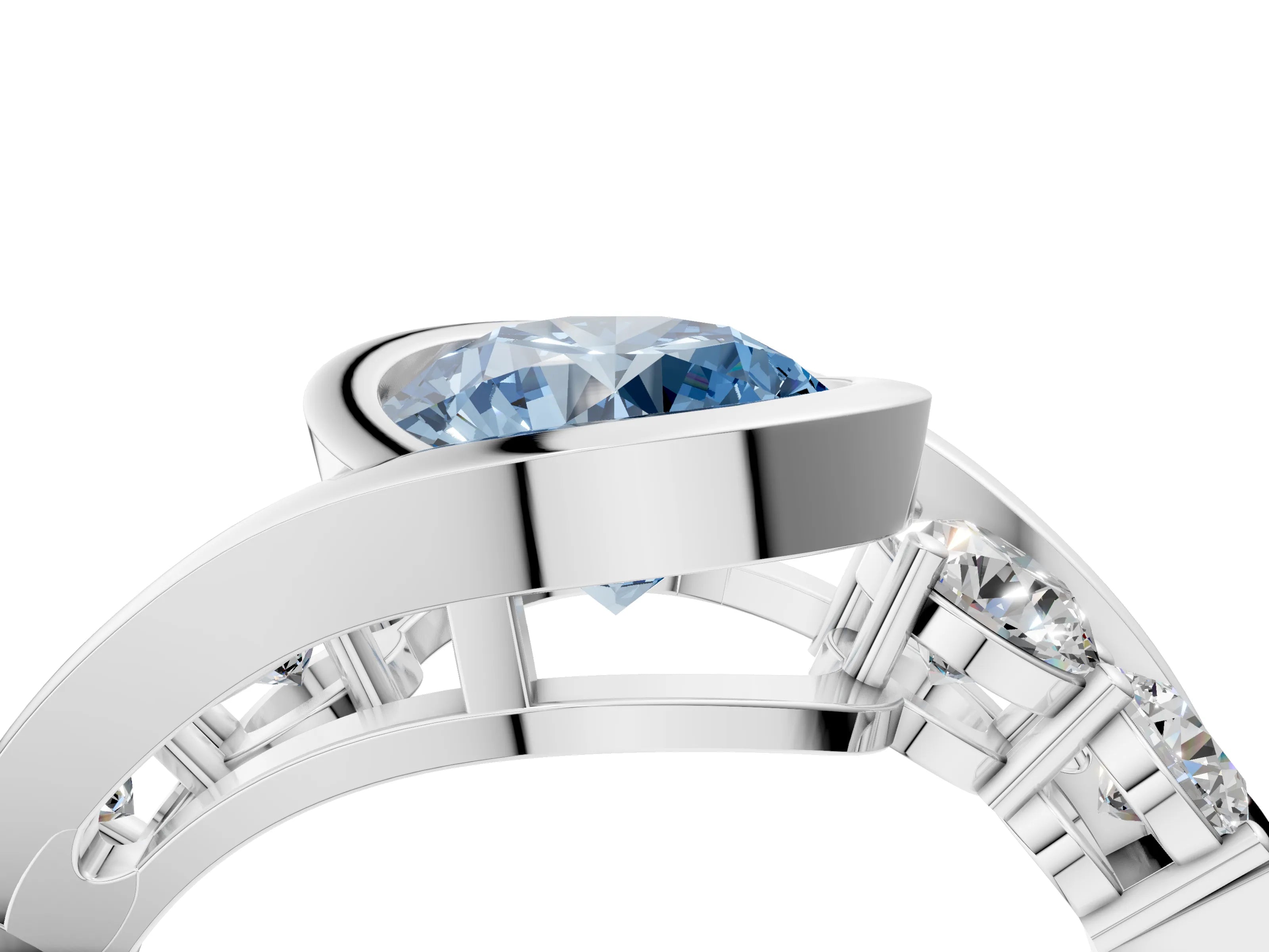 White gold Bezel Set Fancy Blue Round Cut Diamond Split Shank Ring_4