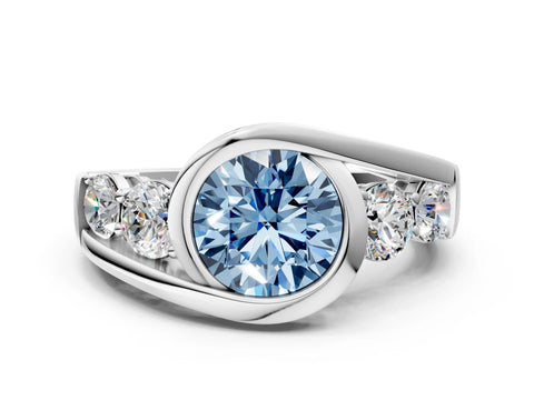 White gold Bezel Set Fancy Blue Round Cut Diamond Split Shank Ring