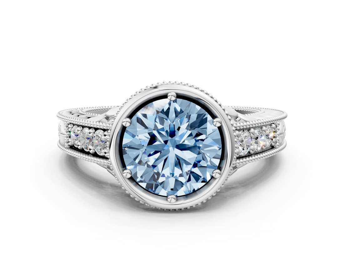 White gold Bezel Set Fancy Blue Round  Diamond Milgrain Pave Engagement Ring_33