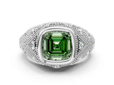 White gold Bezel Set Fancy Green Asscher Cut Diamond Milgrain Band Ring