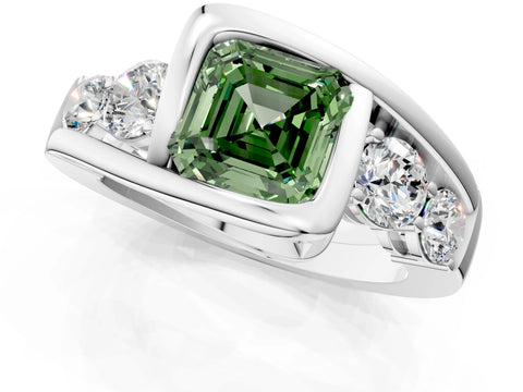 White gold Bezel Set Fancy Green Asscher Cut Diamond Split Shank Ring_1