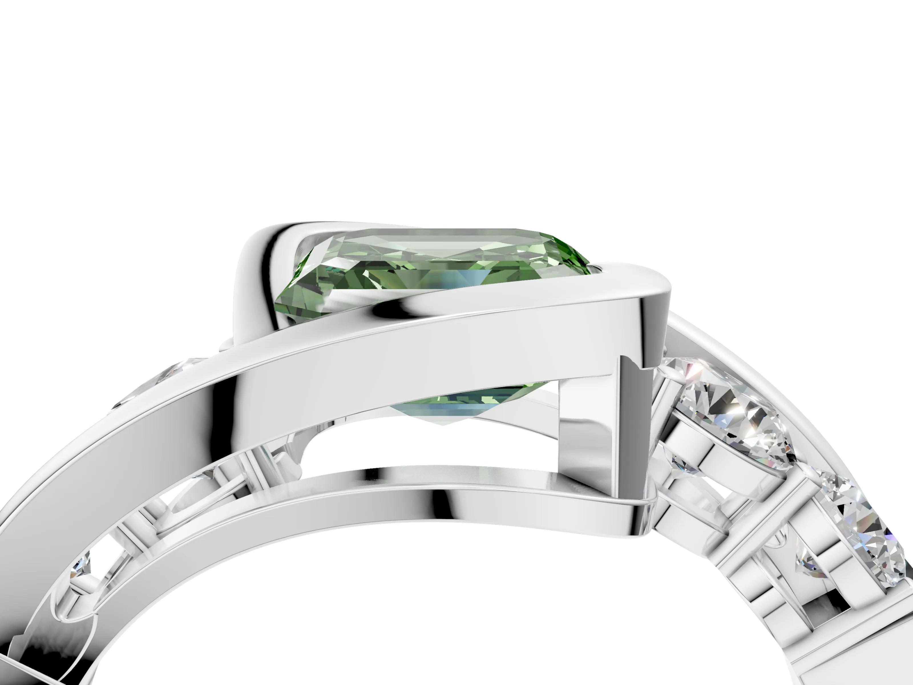 White gold Bezel Set Fancy Green Asscher Cut Diamond Split Shank Ring_28