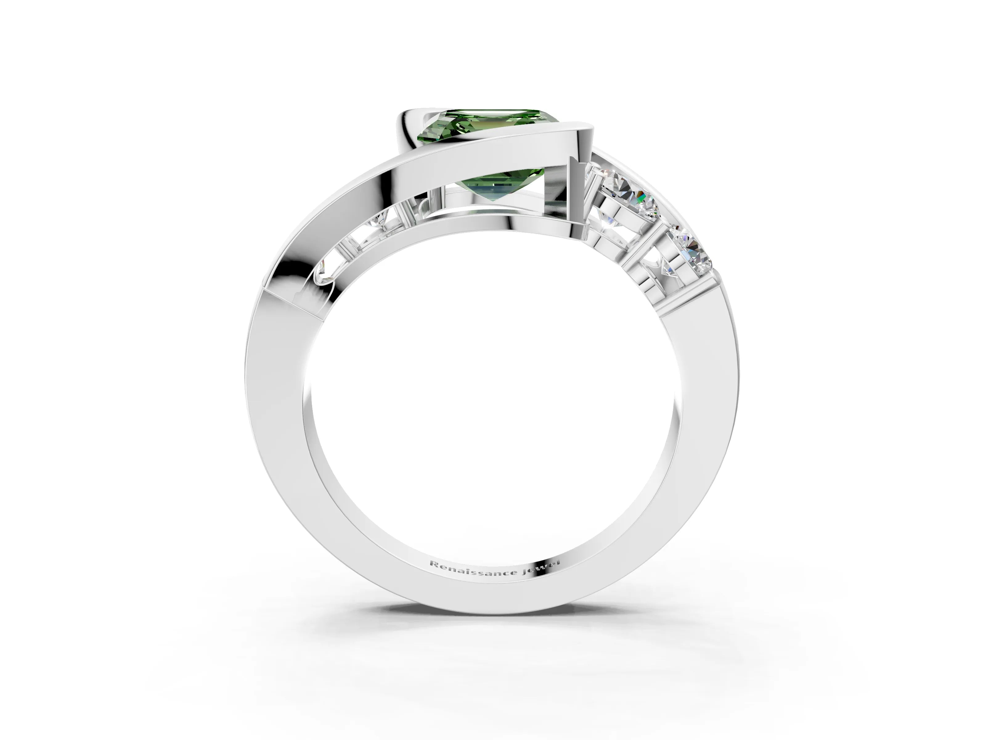 White gold Bezel Set Fancy Green Asscher Cut Diamond Split Shank Ring_3