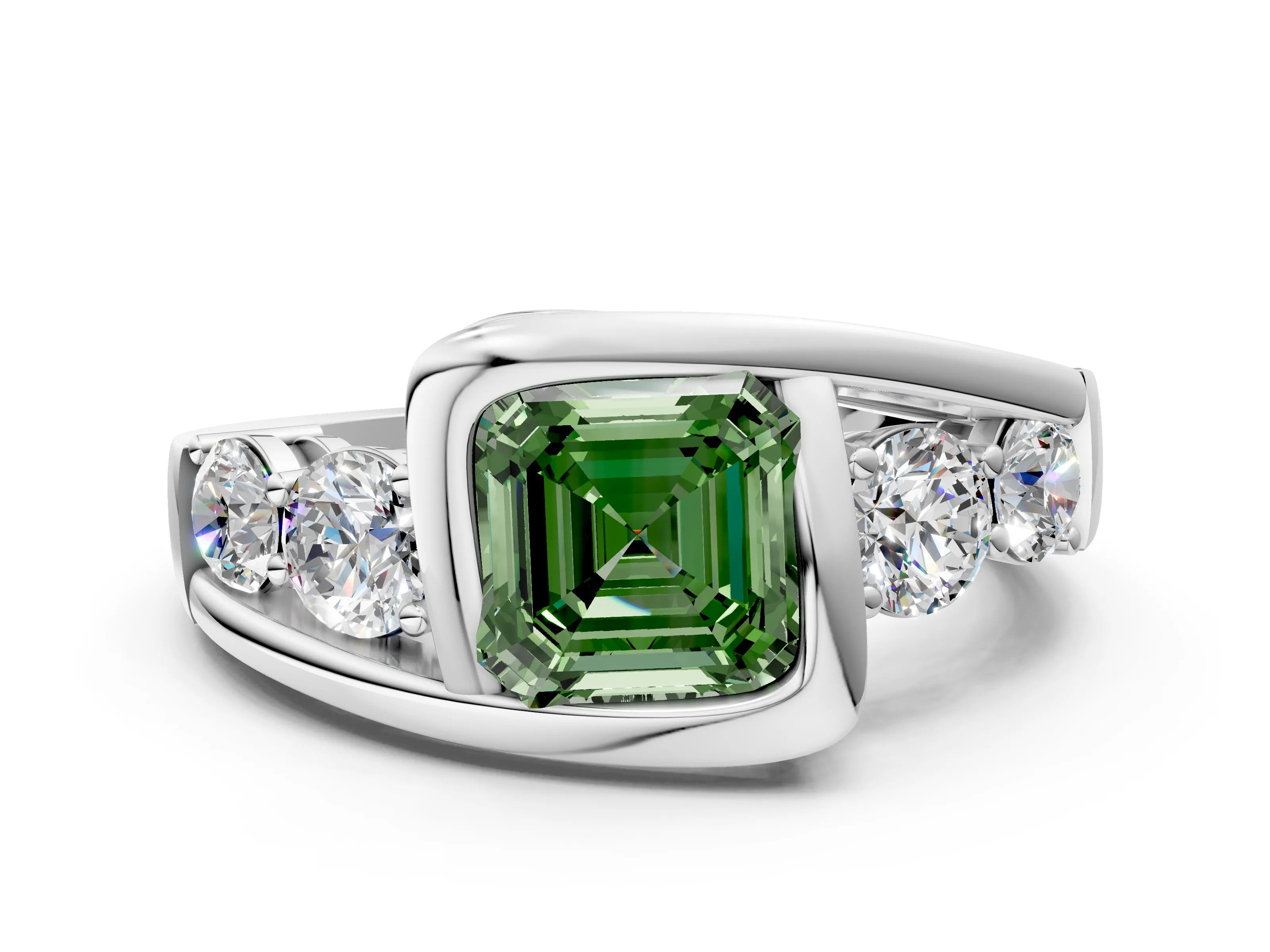 White gold Bezel Set Fancy Green Asscher Cut Diamond Split Shank Ring