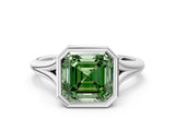 White gold Bezel Set Fancy Green Asscher  Cut Solitaire Ring with Tapered Band 1