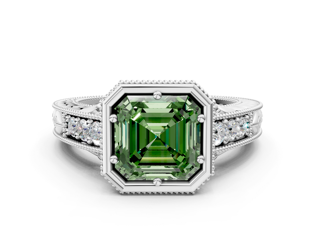White gold Bezel Set Fancy Green Asscher  Diamond Milgrain Pave Engagement Ring_16