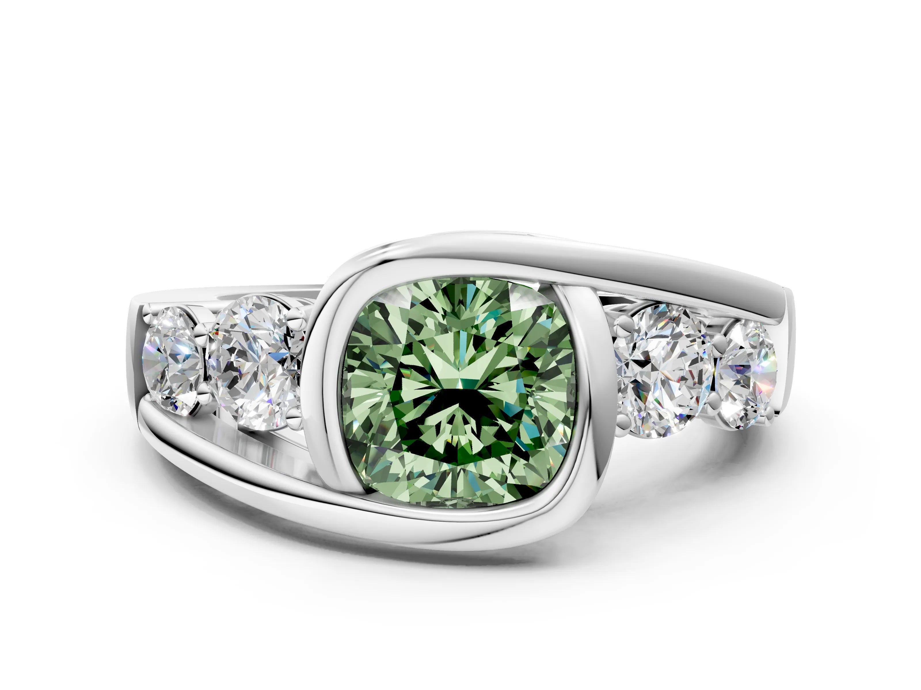 White gold Bezel Set Fancy Green Cushion Cut Diamond Split Shank Ring