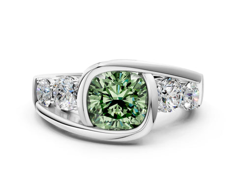 White gold Bezel Set Fancy Green Cushion Cut Diamond Split Shank Ring_12