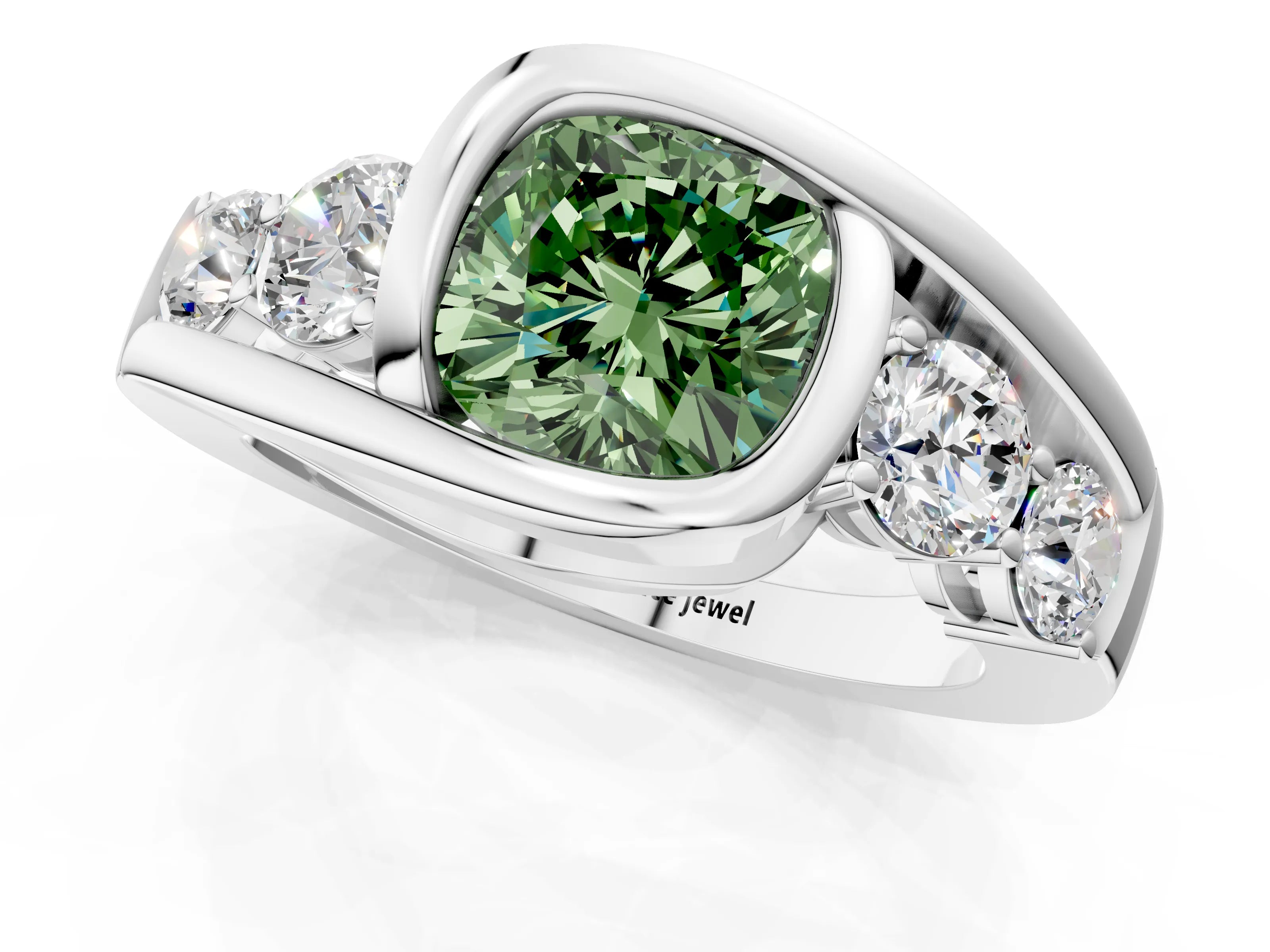 White gold Bezel Set Fancy Green Cushion Cut Diamond Split Shank Ring_1