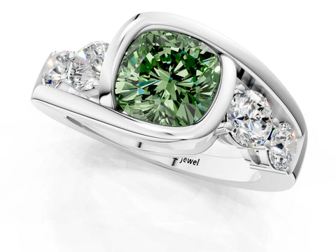 White gold Bezel Set Fancy Green Cushion Cut Diamond Split Shank Ring_1