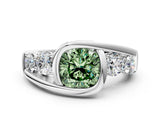 White gold Bezel Set Fancy Green Cushion Cut Diamond Split Shank Ring_30