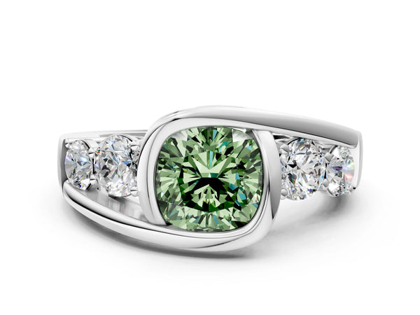 White Gold Cushion Cut Bezel Bypass Engagement Ring Setting for Fancy Green Center