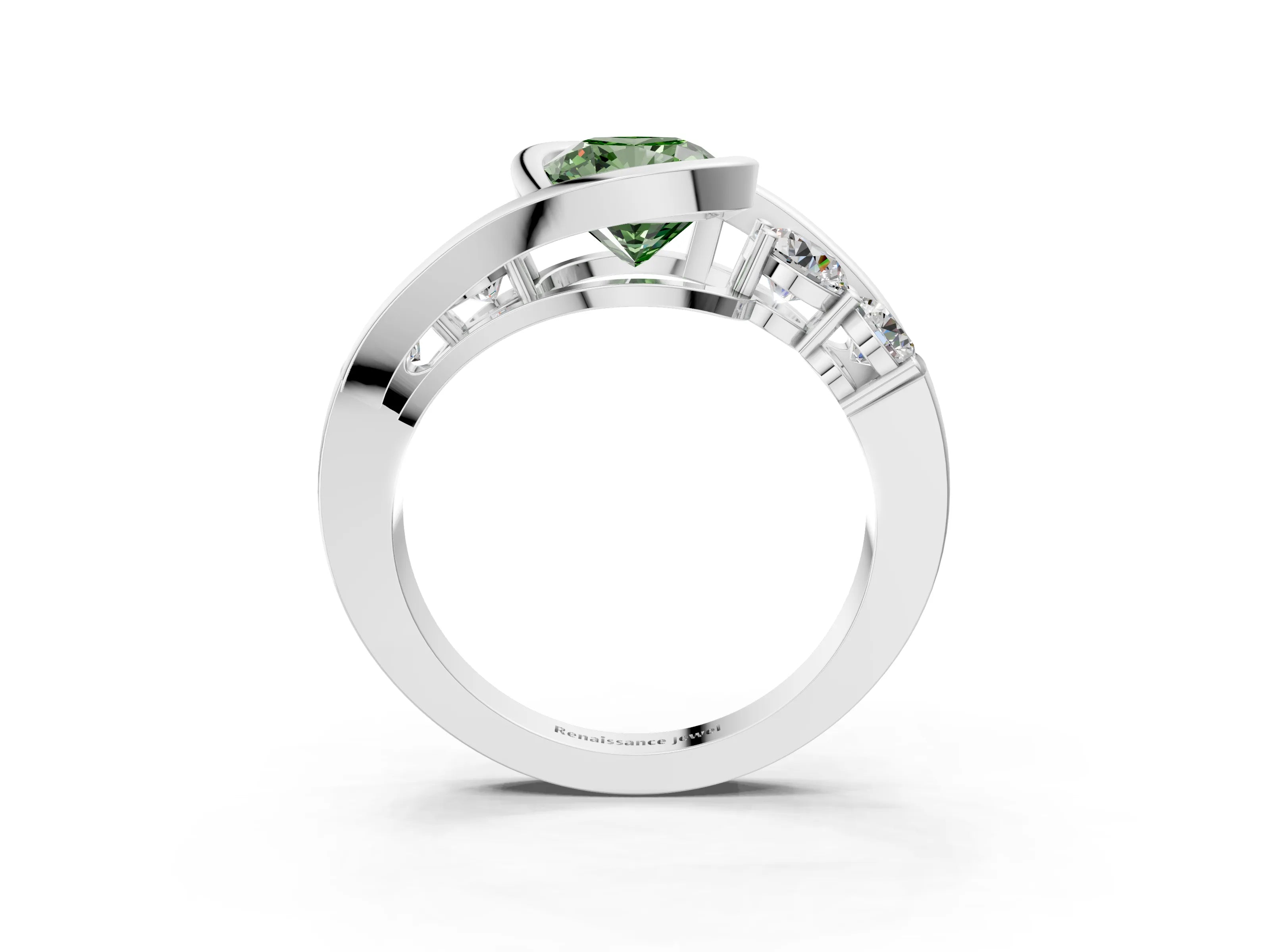 White gold Bezel Set Fancy Green Cushion Cut Diamond Split Shank Ring_3