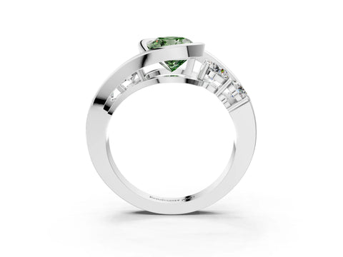 White gold Bezel Set Fancy Green Cushion Cut Diamond Split Shank Ring_3