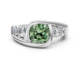 White gold Bezel Set Fancy Green Cushion Cut Diamond Split Shank Ring_48