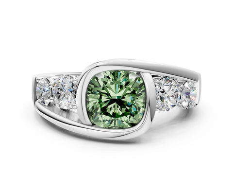 White gold Bezel Set Fancy Green Cushion Cut Diamond Split Shank Ring_48