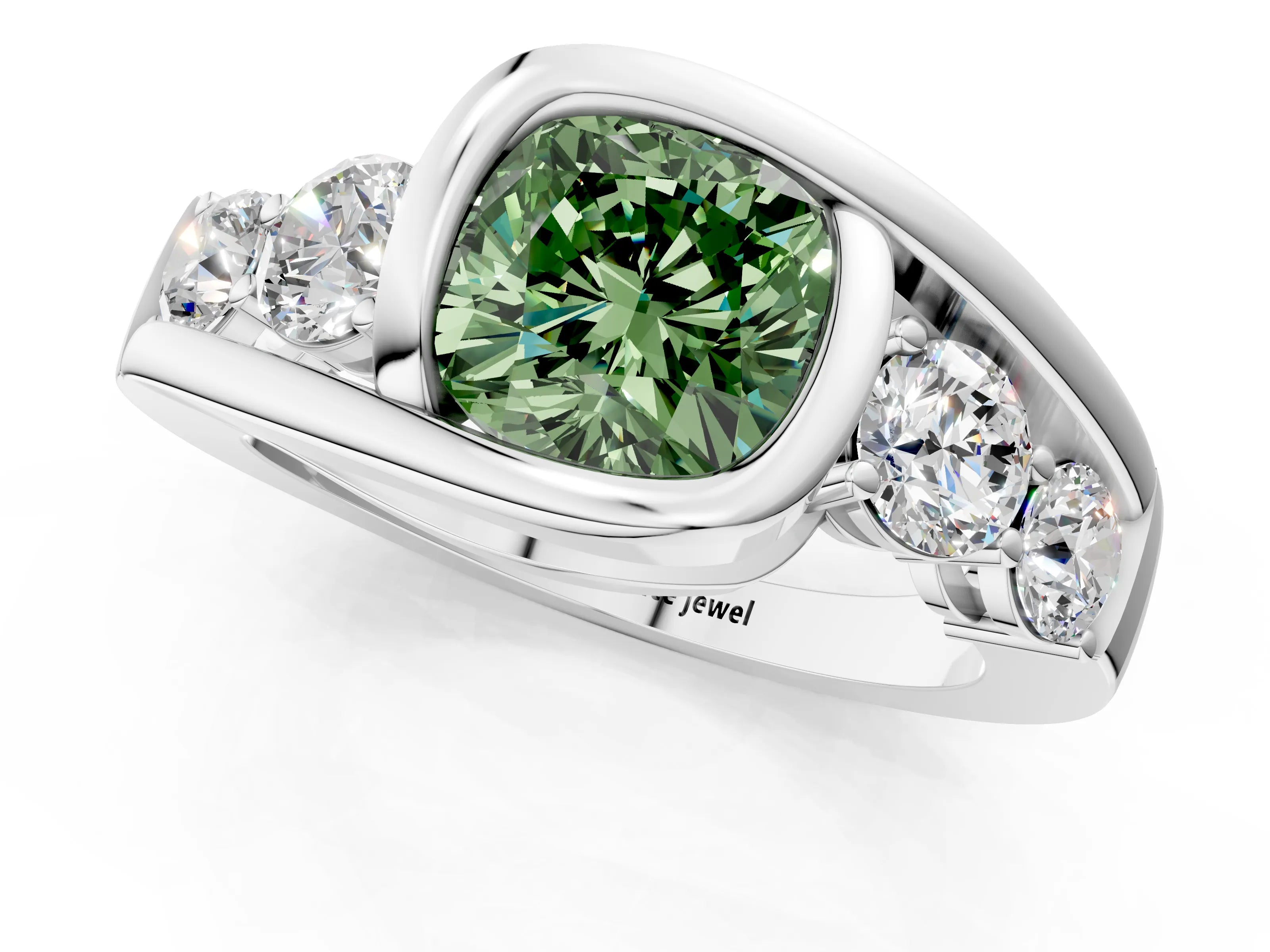 White gold Bezel Set Fancy Green Cushion Cut Diamond Split Shank Ring_49