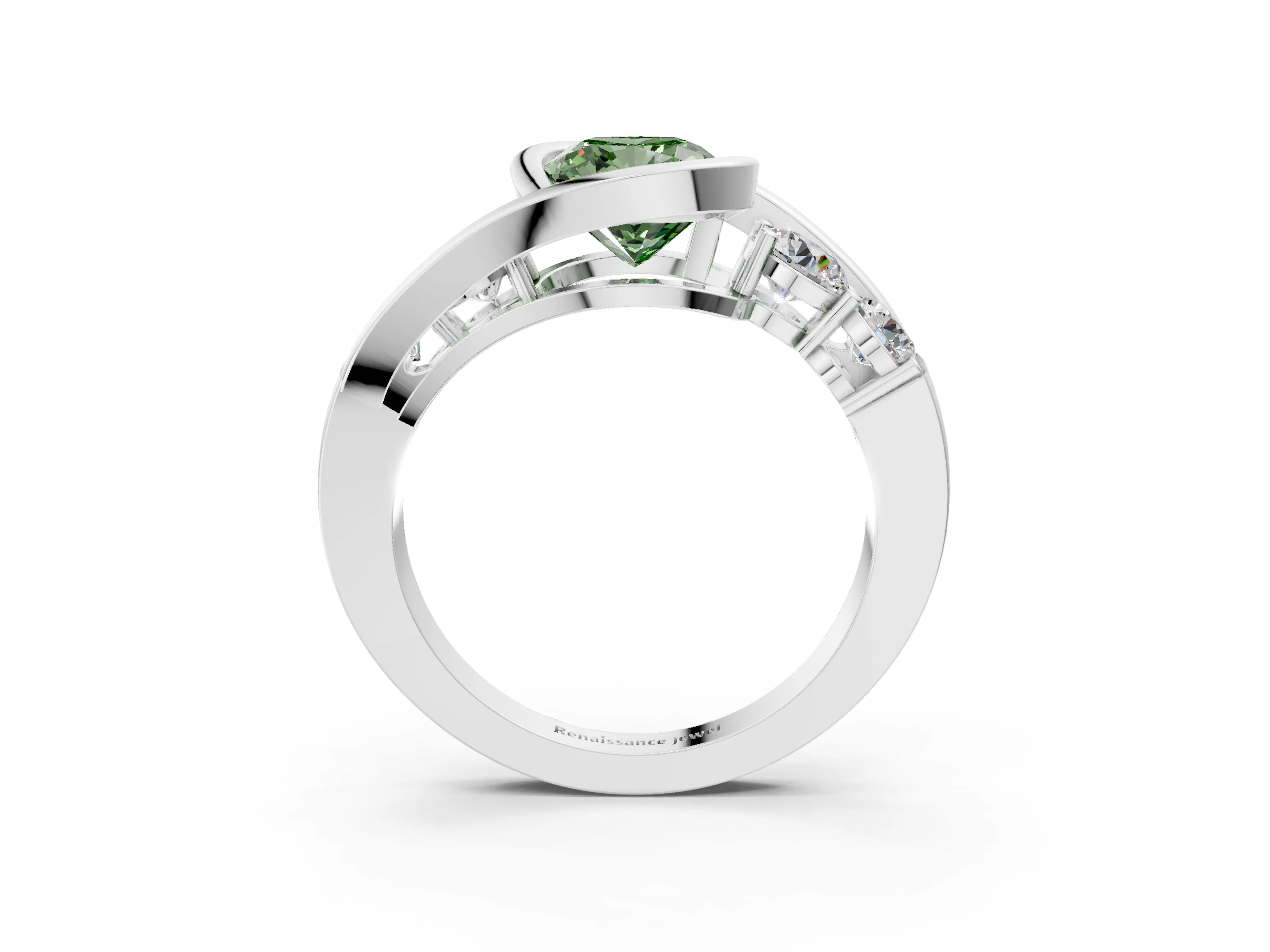 White gold Bezel Set Fancy Green Cushion Cut Diamond Split Shank Ring_51