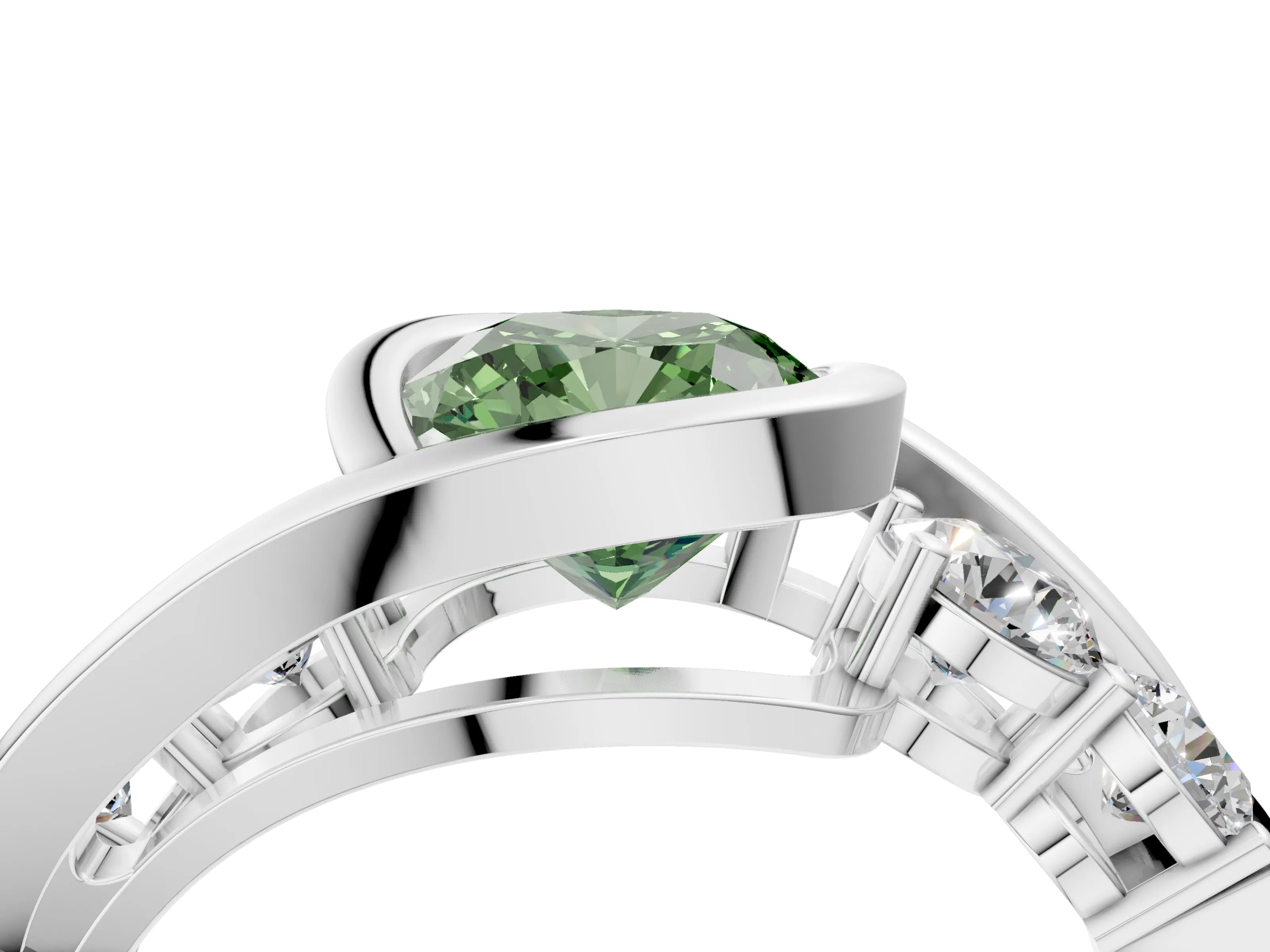 White gold Bezel Set Fancy Green Cushion Cut Diamond Split Shank Ring_52