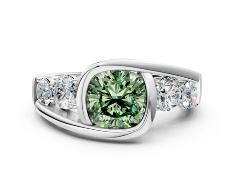 White gold Bezel Set Fancy Green Cushion Cut Diamond Split Shank Ring