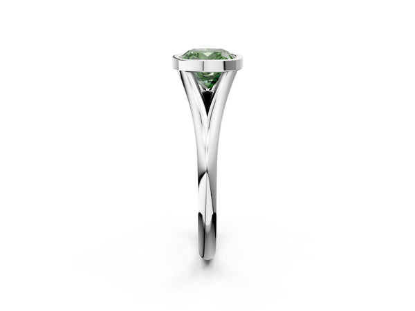 White gold Bezel Set Fancy Green Cushion  Cut Solitaire Ring with Tapered Band