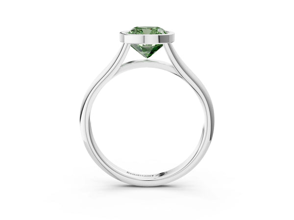 White gold Bezel Set Fancy Green Cushion  Cut Solitaire Ring with Tapered Band