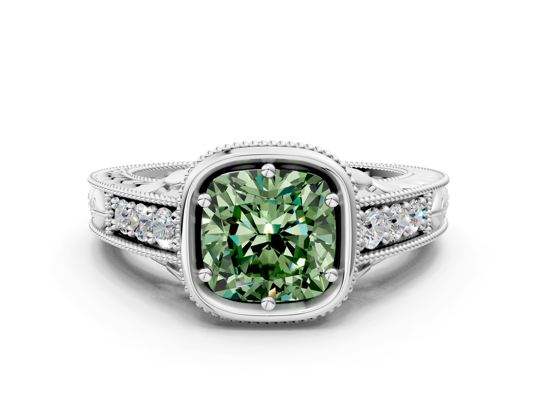 White gold Bezel Set Fancy Green Cushion  Diamond Milgrain Pave Engagement Ring_33