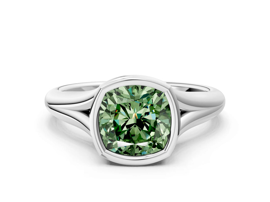 White gold Bezel Set Fancy Green Cushion  Solitaire Diamond Ring with Smooth Band 1