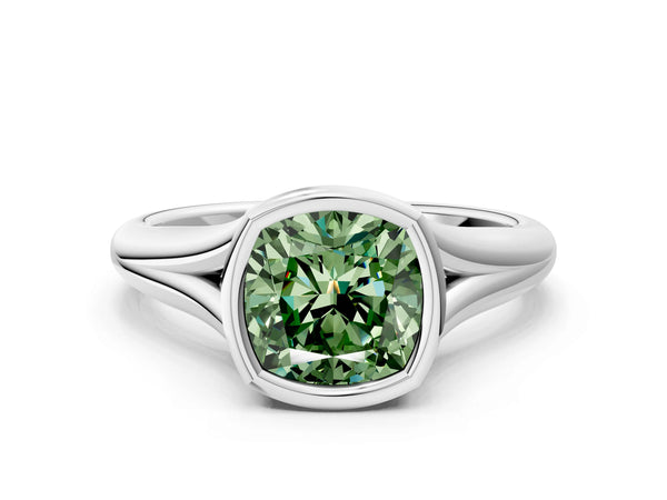 White gold Bezel Set Fancy Green Cushion  Solitaire Diamond Ring with Smooth Band