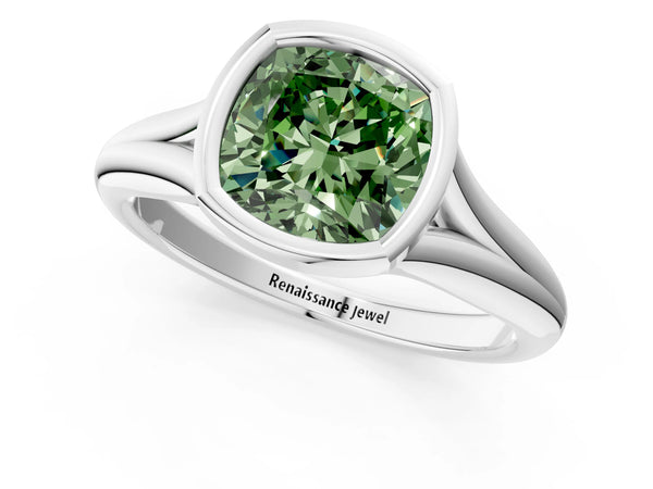 White gold Bezel Set Fancy Green Cushion  Solitaire Diamond Ring with Smooth Band
