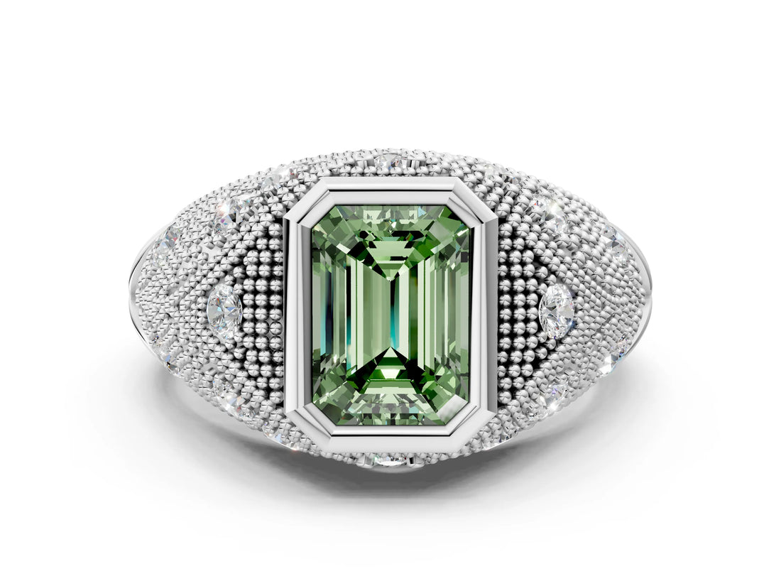 White gold Bezel Set Fancy Green Emerald Cut Diamond Milgrain Band Ring