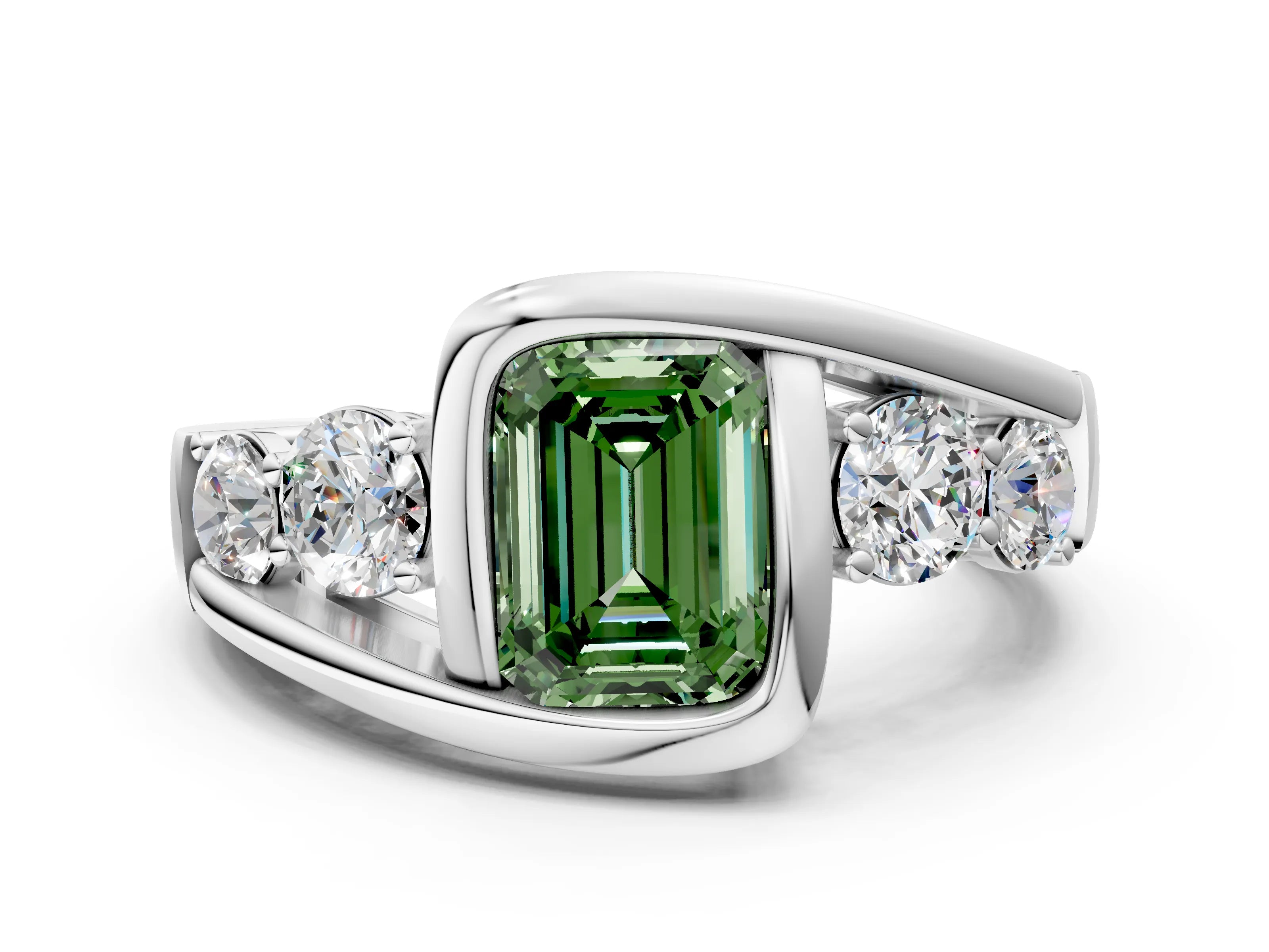 White gold Bezel Set Fancy Green Emerald Cut Diamond Split Shank Ring_12