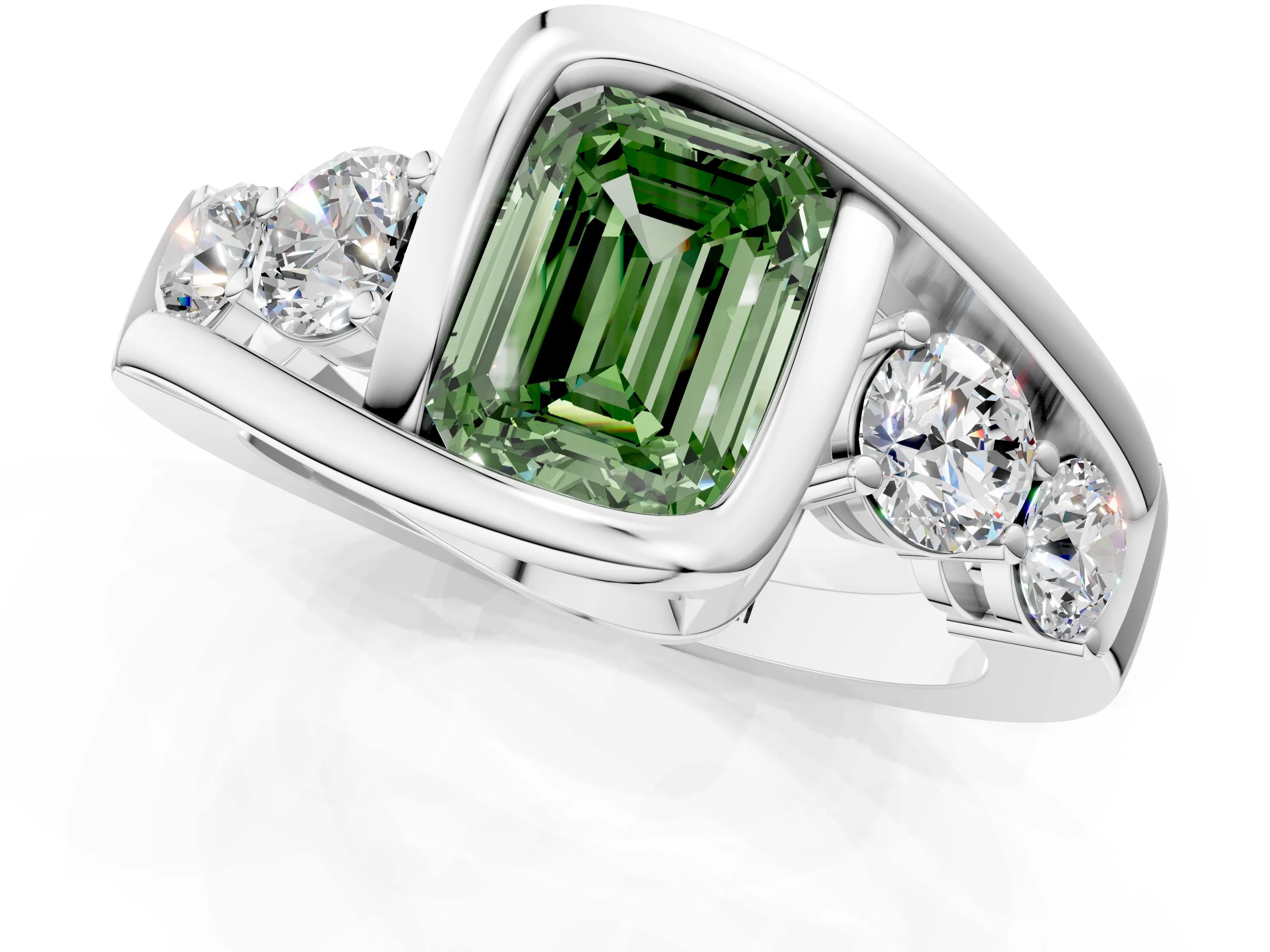 White gold Bezel Set Fancy Green Emerald Cut Diamond Split Shank Ring_13