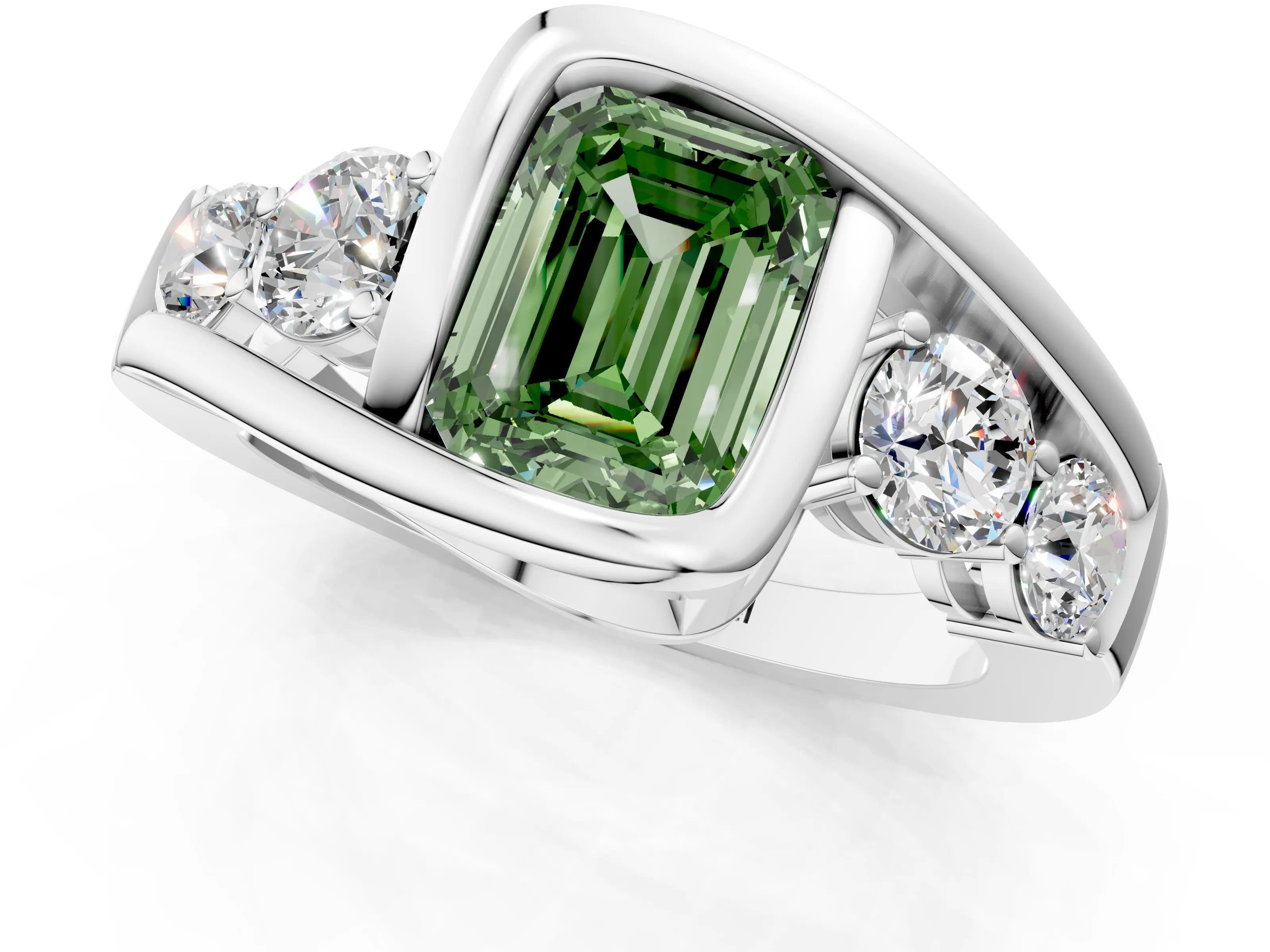 White gold Bezel Set Fancy Green Emerald Cut Diamond Split Shank Ring_1
