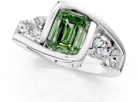 White gold Bezel Set Fancy Green Emerald Cut Diamond Split Shank Ring_1