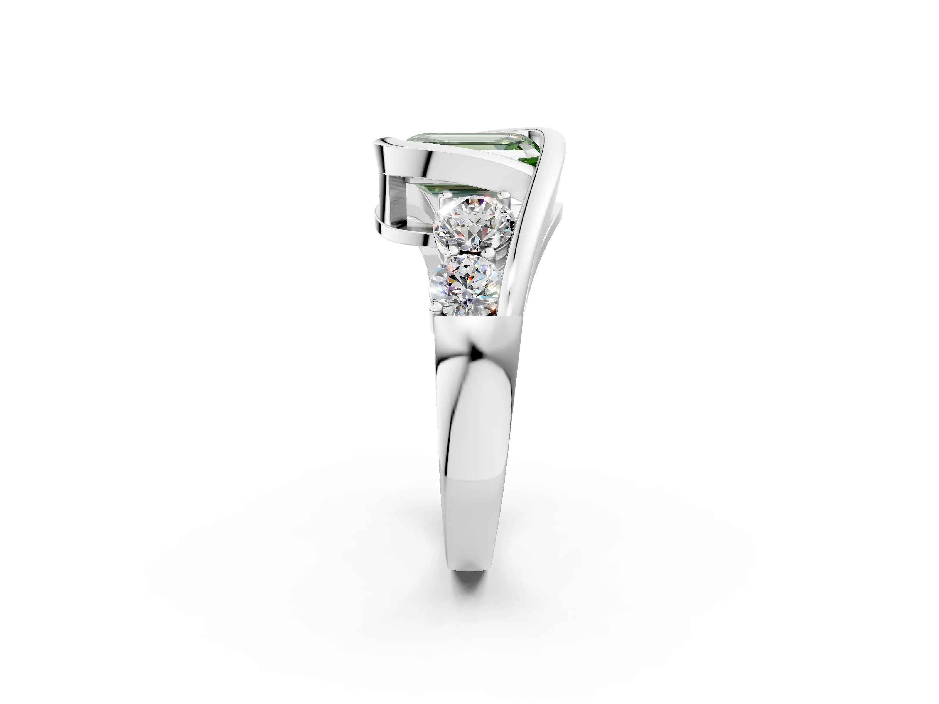 White gold Bezel Set Fancy Green Emerald Cut Diamond Split Shank Ring_2