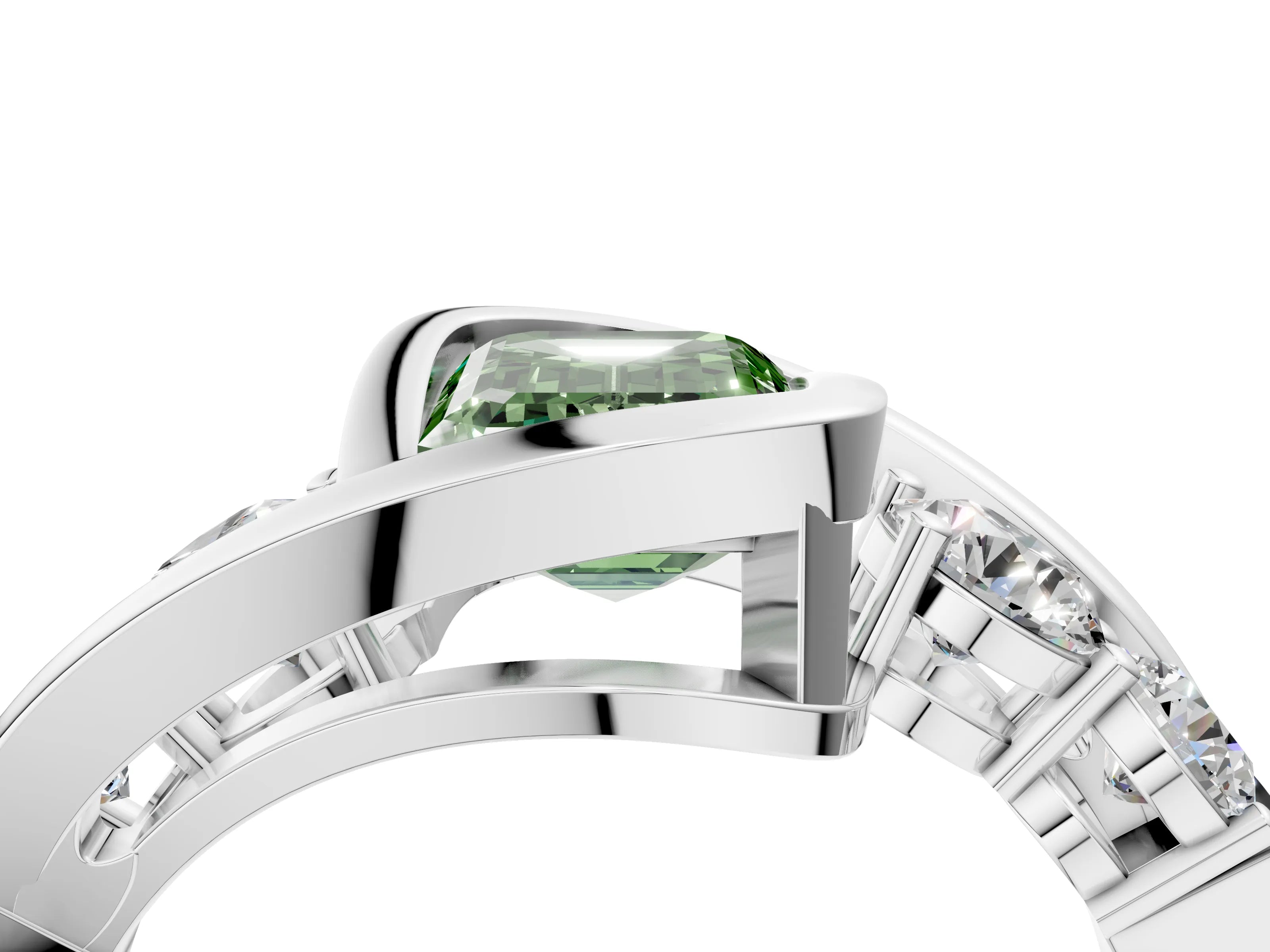 White gold Bezel Set Fancy Green Emerald Cut Diamond Split Shank Ring_28