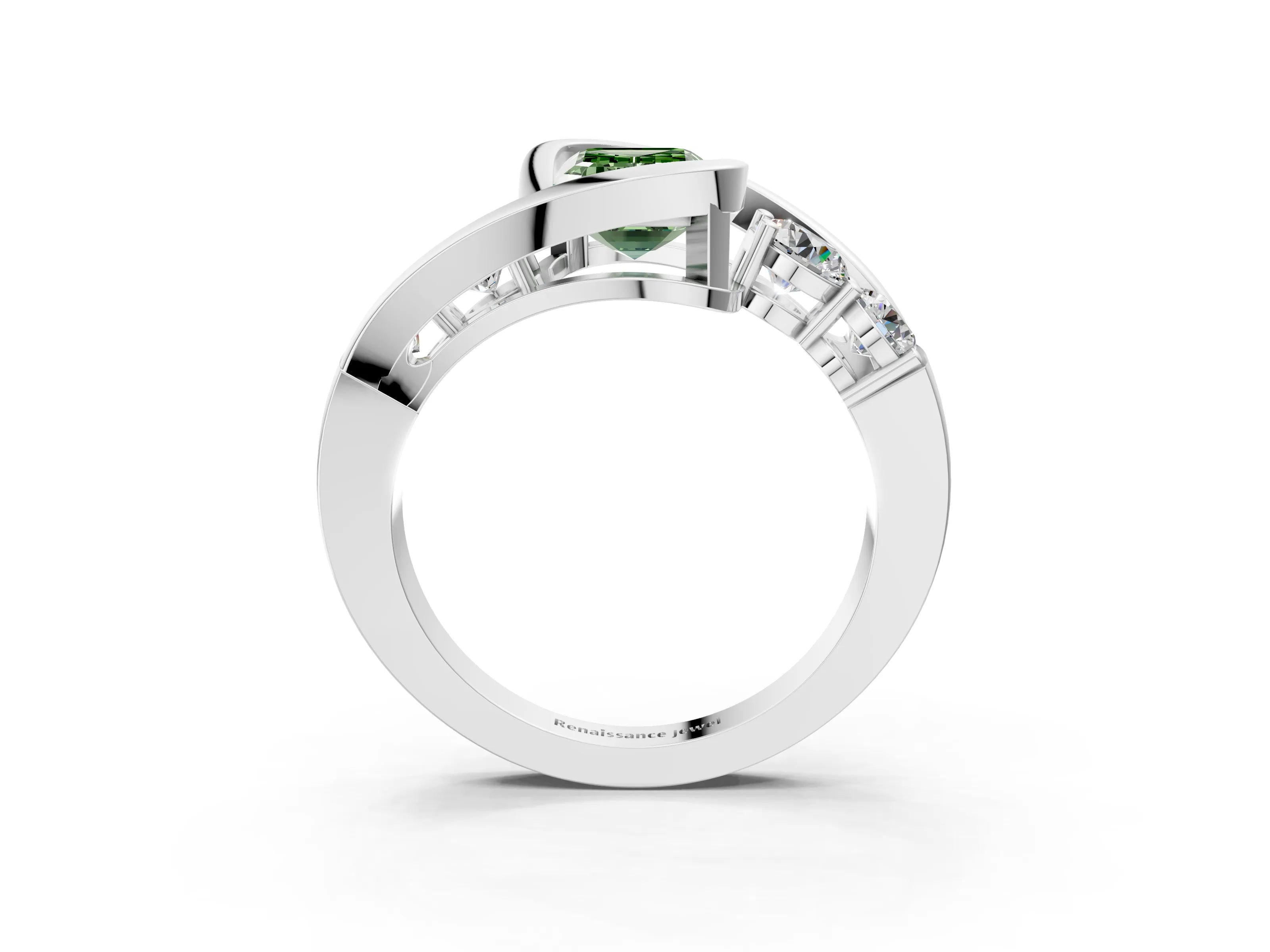 White gold Bezel Set Fancy Green Emerald Cut Diamond Split Shank Ring_3