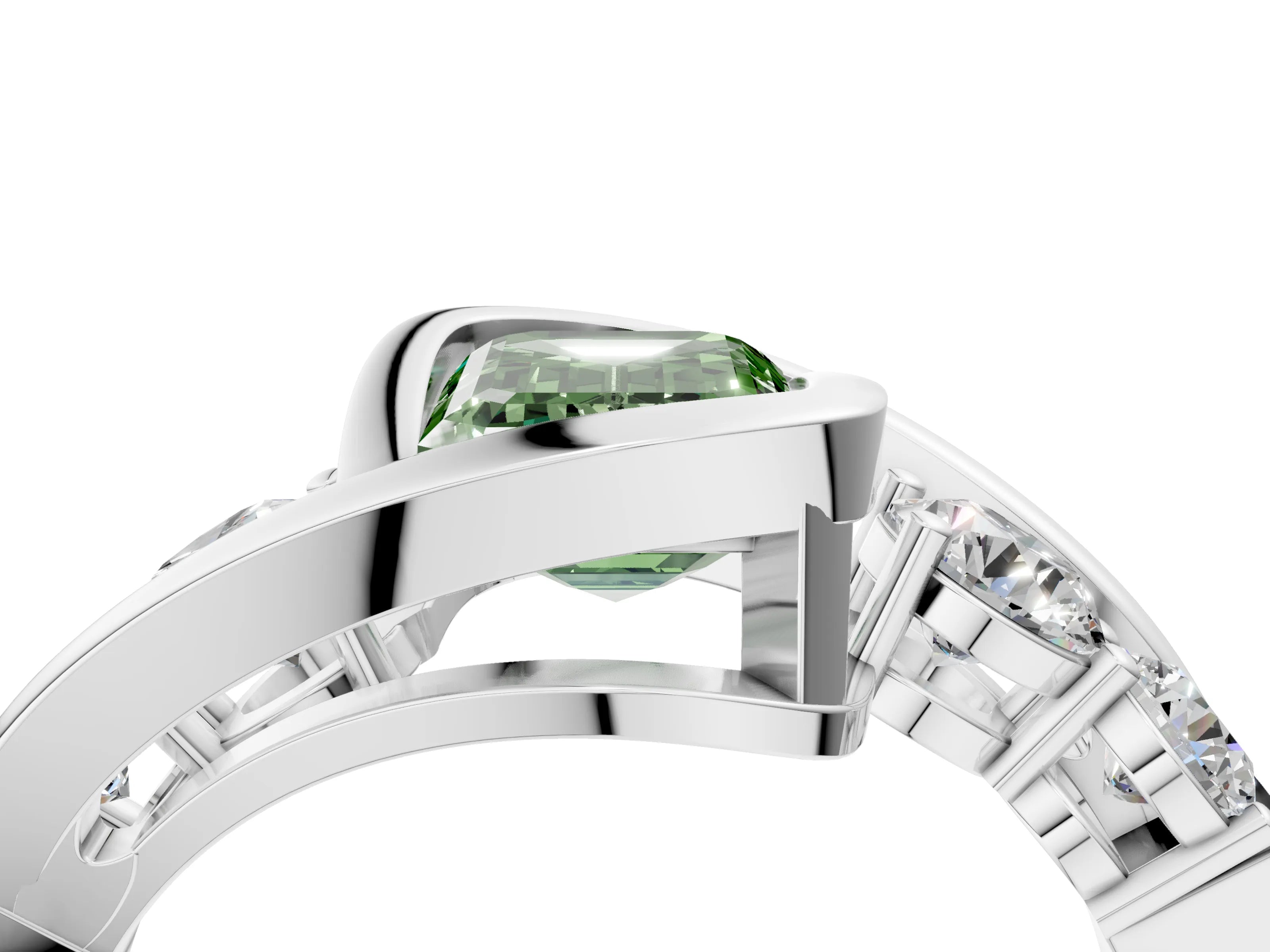 White gold Bezel Set Fancy Green Emerald Cut Diamond Split Shank Ring_4