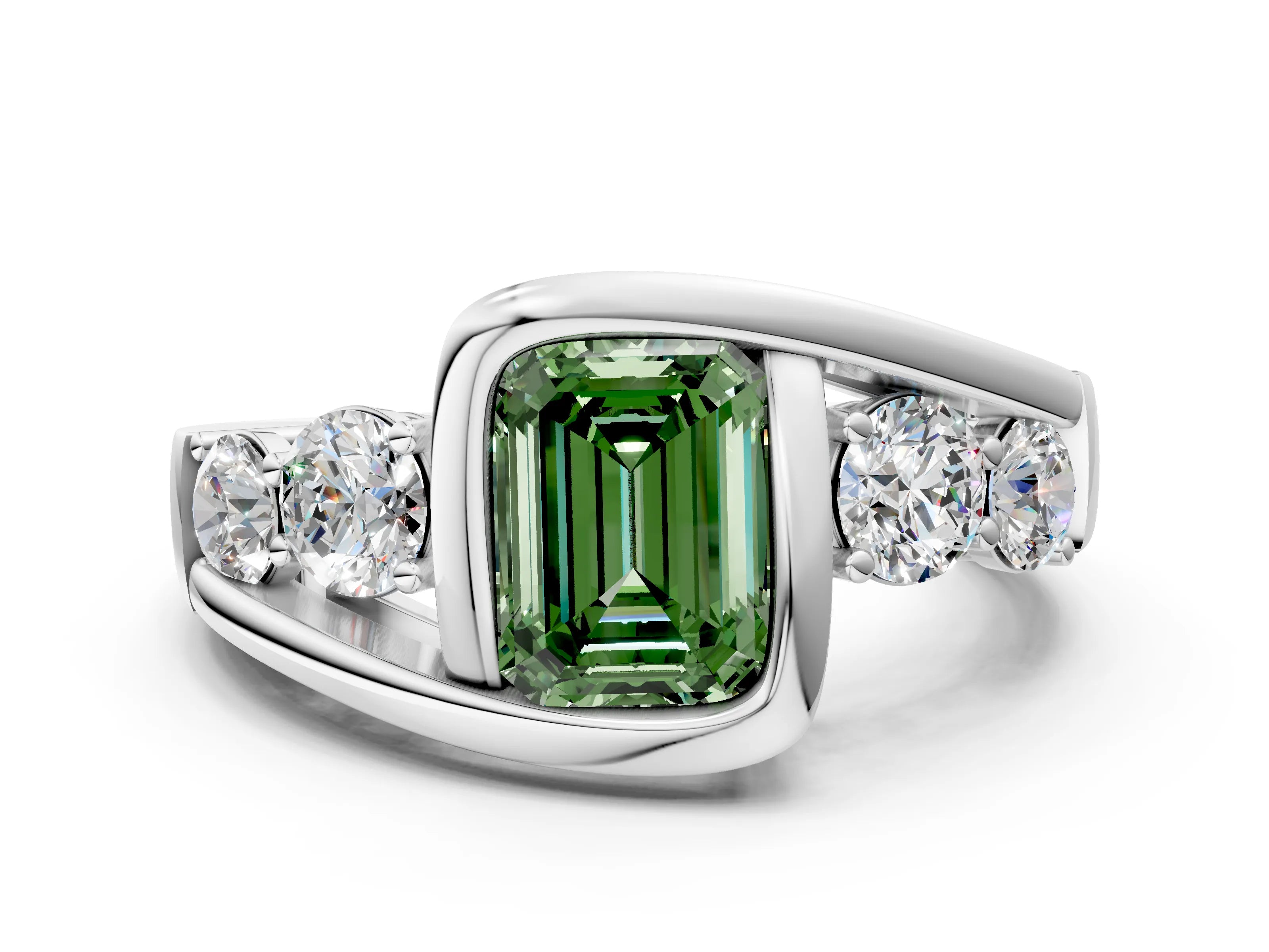 White gold Bezel Set Fancy Green Emerald Cut Diamond Split Shank Ring