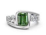 White gold Bezel Set Fancy Green Emerald Cut Diamond Split Shank Ring