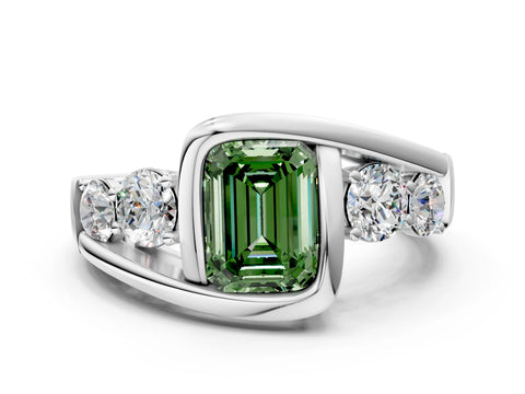 White gold Bezel Set Fancy Green Emerald Cut Diamond Split Shank Ring