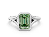 White gold Bezel Set Fancy Green Emerald  Cut Solitaire Ring with Tapered Band