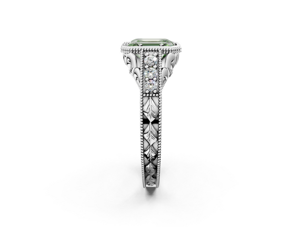 White gold Bezel Set Fancy Green Emerald  Diamond Milgrain Pave Engagement Ring