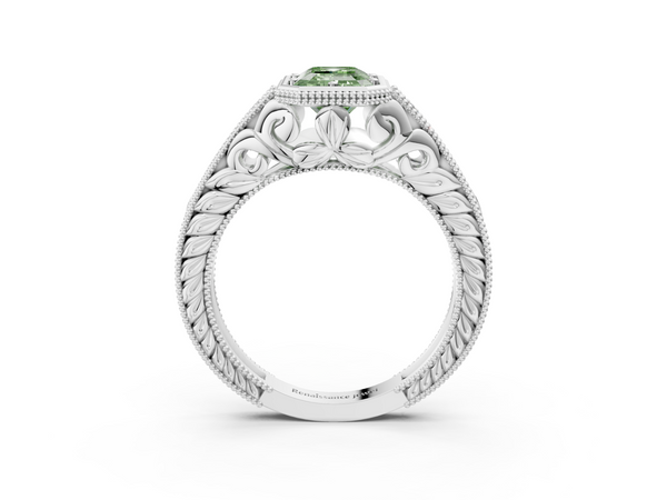 White gold Bezel Set Fancy Green Emerald  Diamond Milgrain Pave Engagement Ring