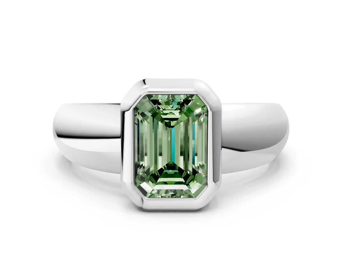 White gold Bezel Set Fancy Green Emerald  Solitaire Ring with Wide Band 1