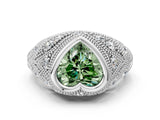 White gold Bezel Set Fancy Green Heart Cut Diamond Milgrain Band Ring