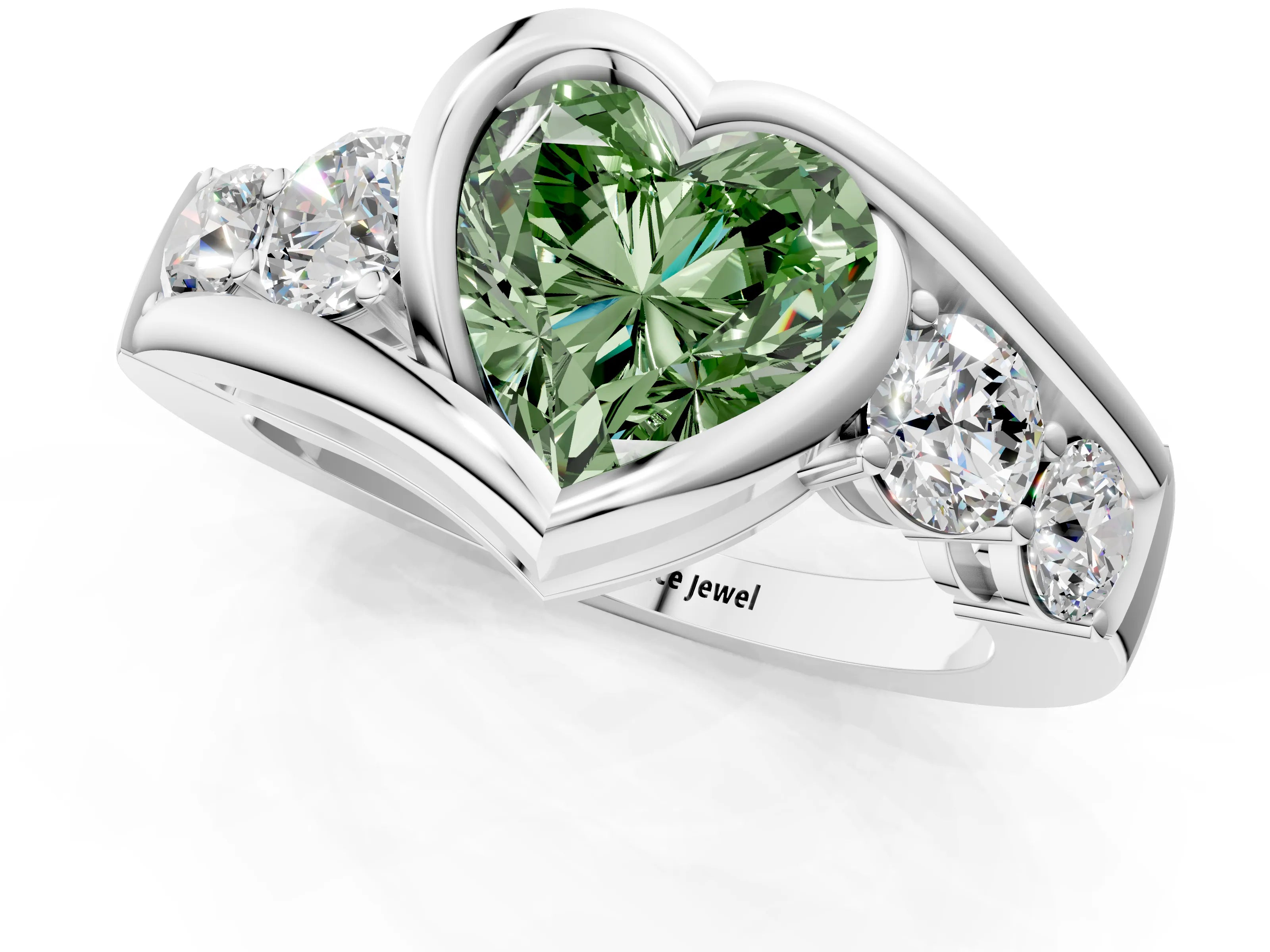 White gold Bezel Set Fancy Green Heart Cut Diamond Split Shank Ring_1