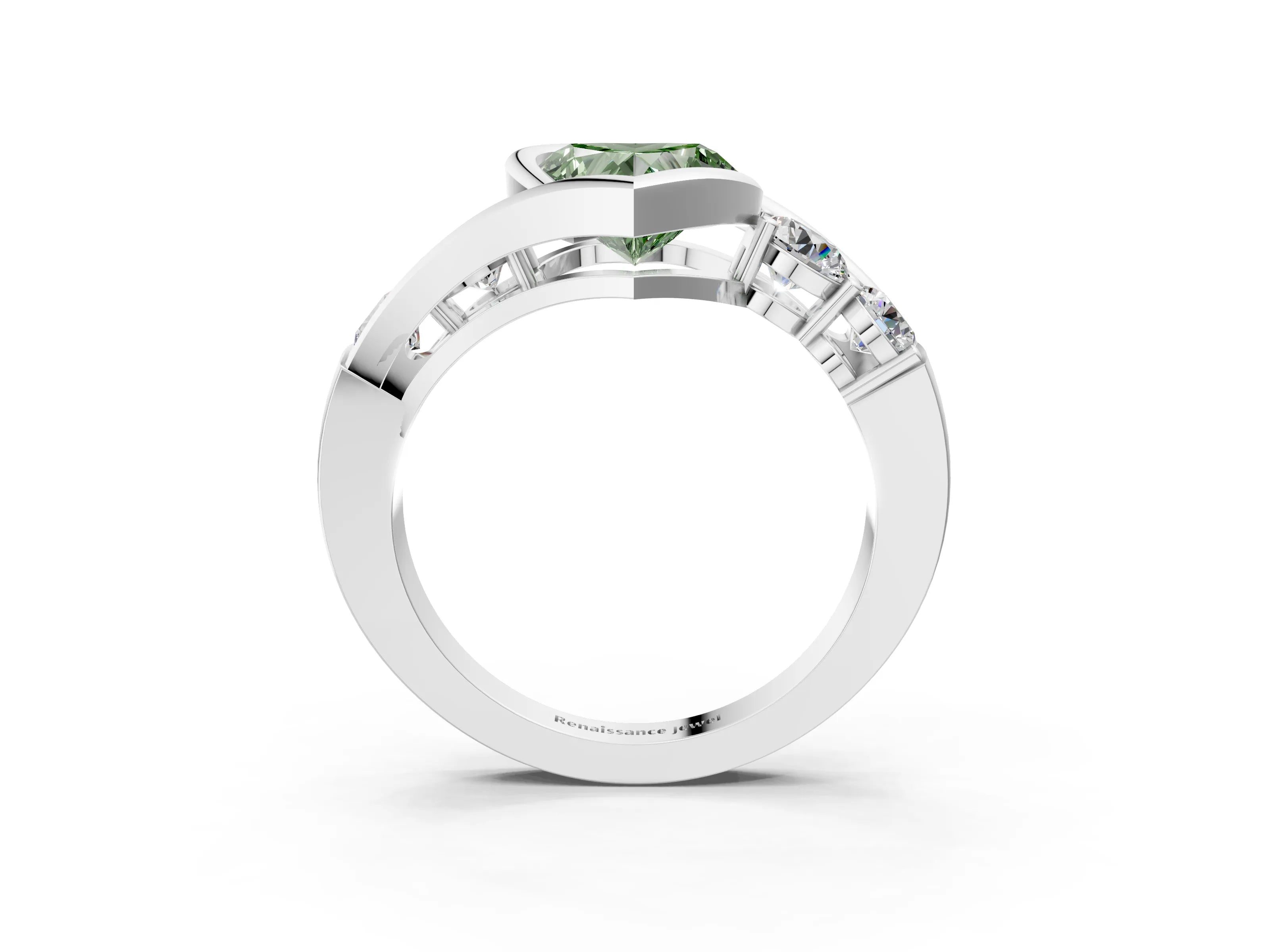 White gold Bezel Set Fancy Green Heart Cut Diamond Split Shank Ring_3